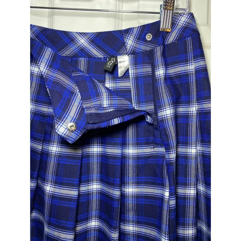 H&M Divided Royal Blue Plaid Pleated Mini Skirt Size 6 Preppy Schoolgirl Y2K